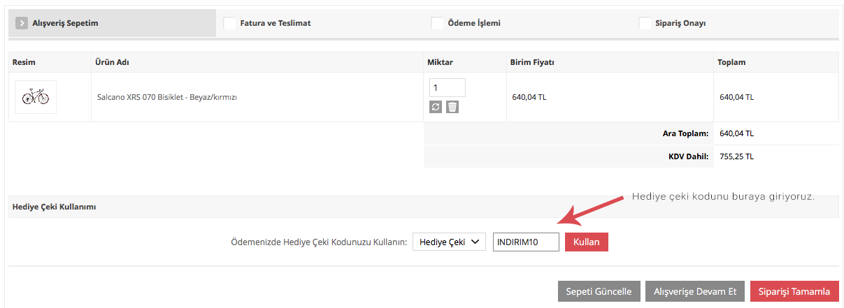 Hediye Çeki Kullanımı Aşama 1